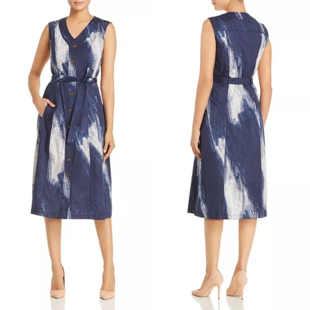 DONNA KARAN Navy Belted Brushstroke Print Dress XL.
